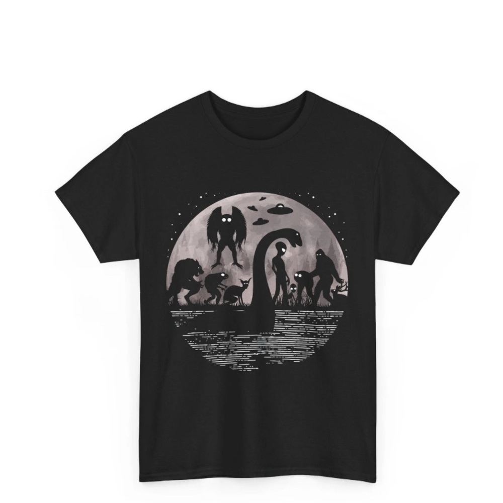 Bigfoot Loch Ness Monster Mothman and Aliens, Funny Cryptid T-Shirt Black Size L